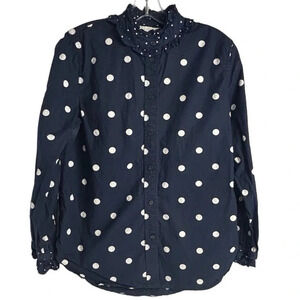 J. Crew‎ Women's Size 6 Blue Polka Dot Ruffle Neck Button-Up Shirt